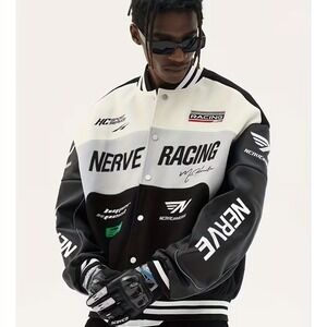 Mens Bomber Racing Jacket Size Large Green Snap Button Windproof Stretch Trendy